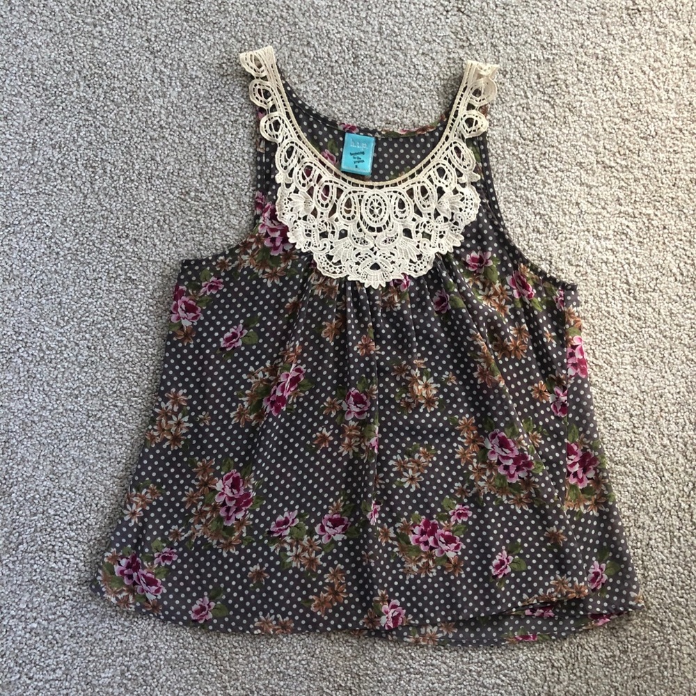 H.I.P. Boho Sleeveless Polka Dot & Floral Blouse | Crochet Lace Neck | S